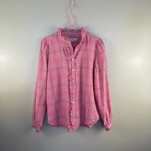 LOFT ruffled pink plaid button down blouse